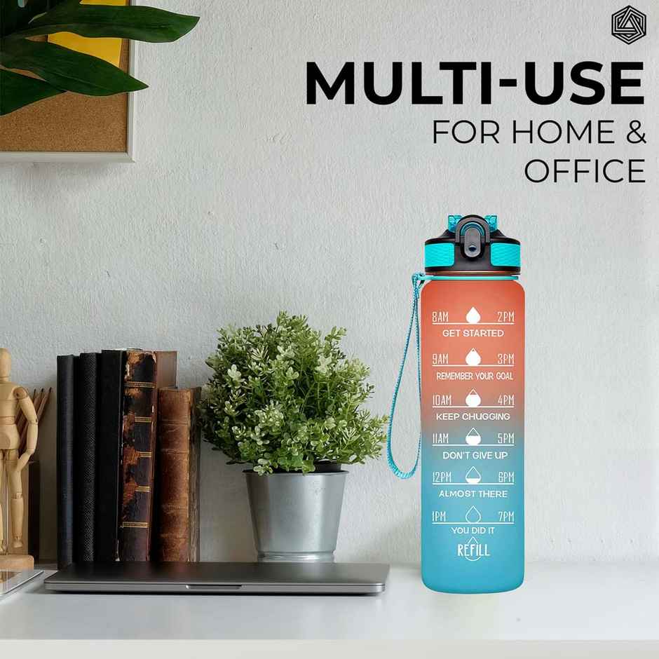 Boldfit Plastic Water Bottle with Motivational Time Markers | Ombre Orange Green | 1 L