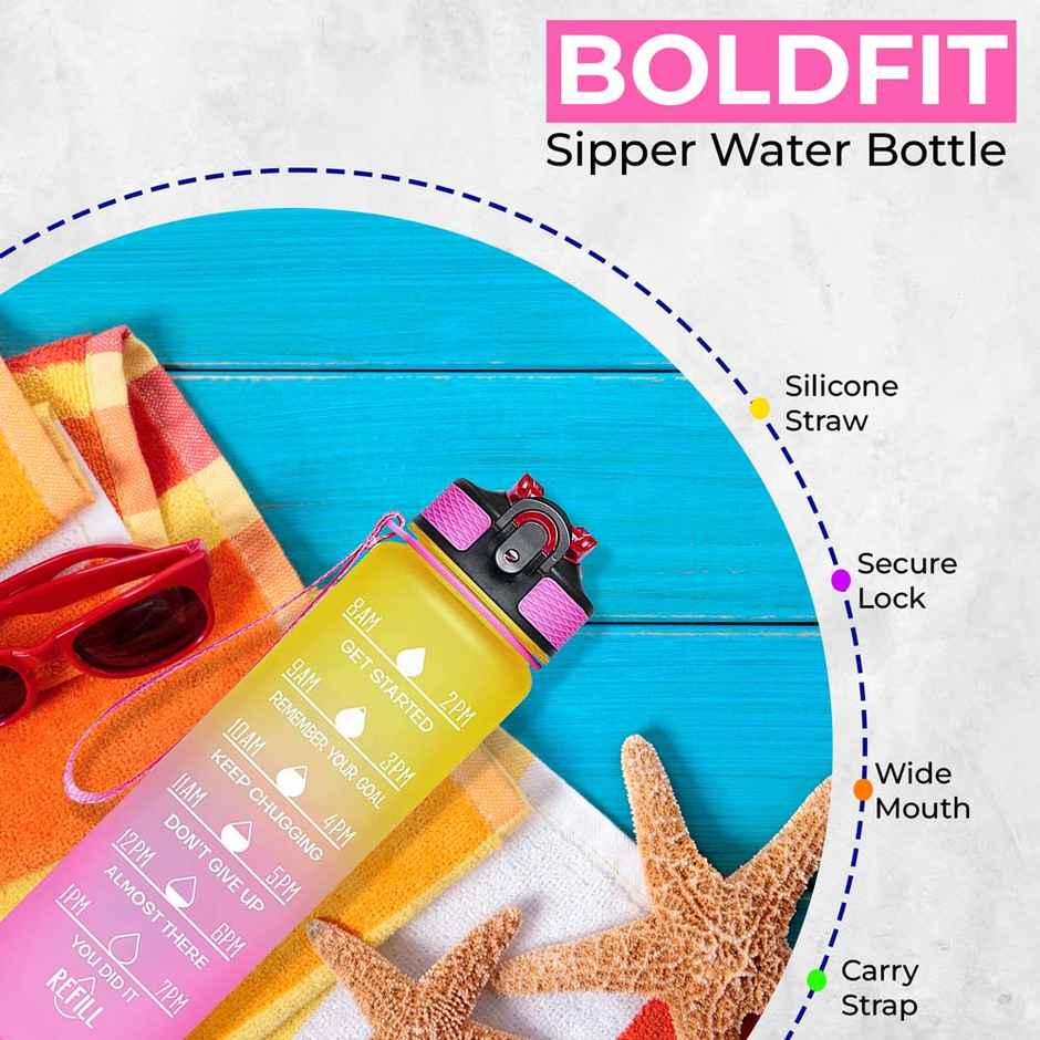 Boldfit Water Bottle With Motivational Time Markers 1 Litre | Ombre Yellow Pink