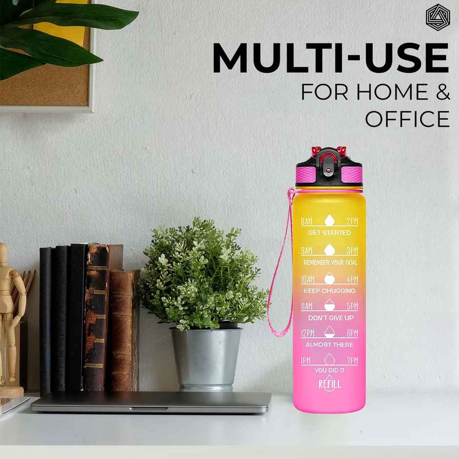 Boldfit Water Bottle With Motivational Time Markers 1 Litre | Ombre Yellow Pink