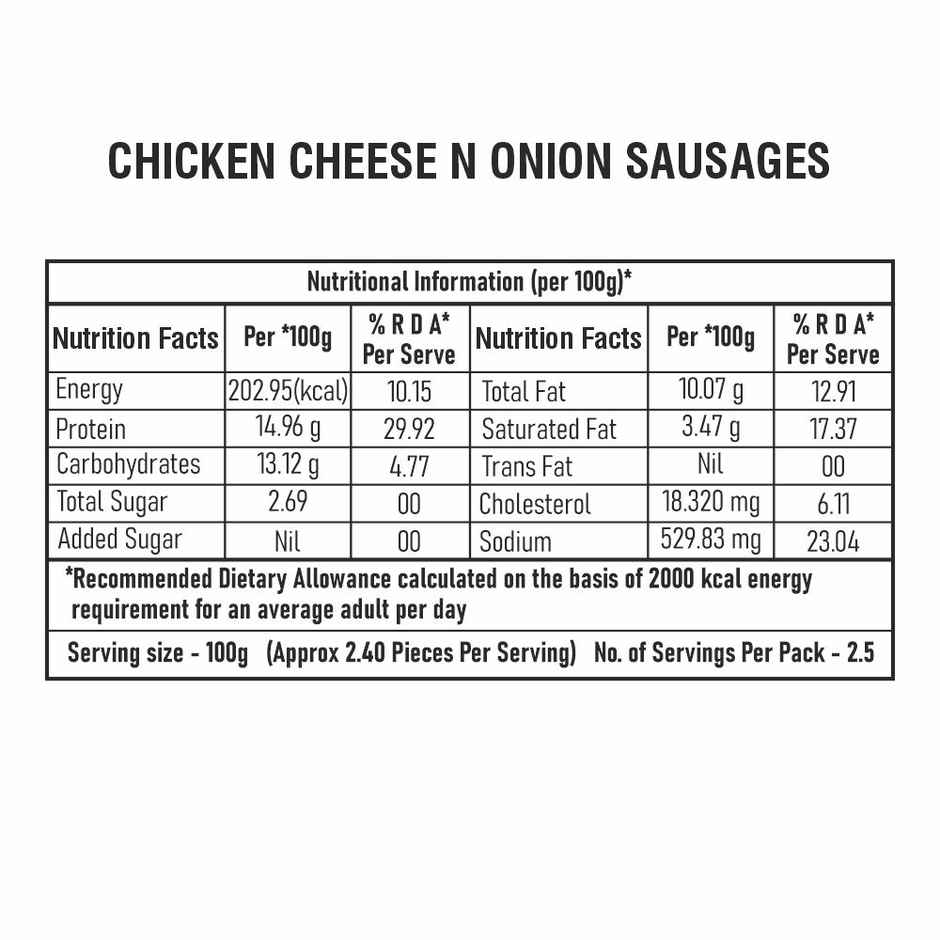 Zorabian Chicken Cheese N Onion Sausages | High Protein | No Trans Fat | No MSG | Fresh Chicken