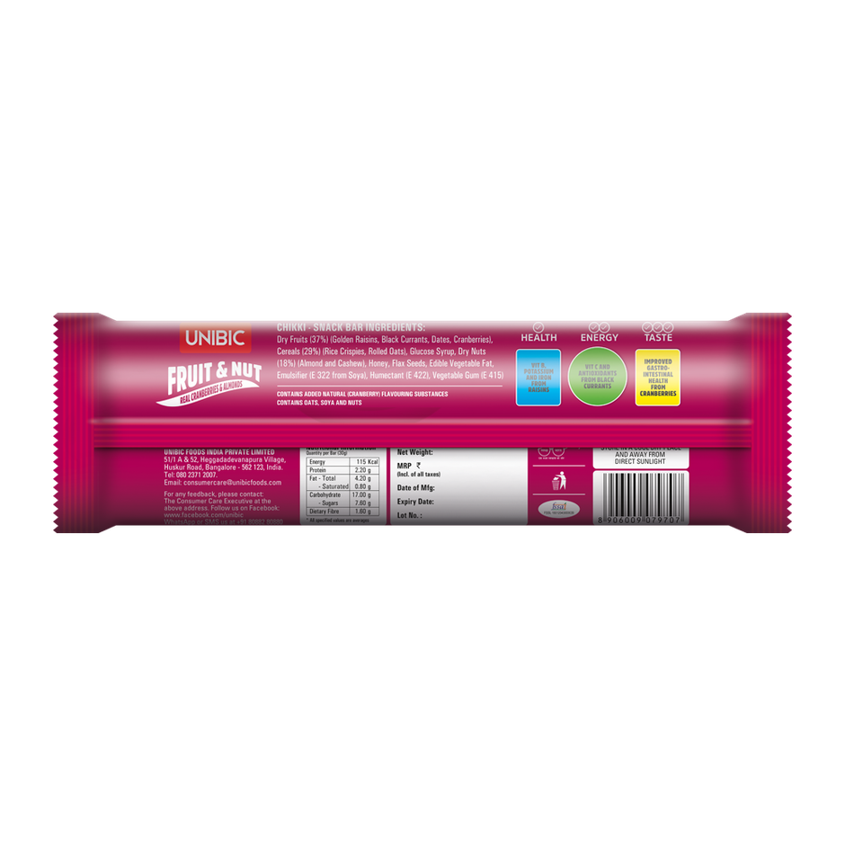 UNIBIC Fruit & Nut Real Cranberries & Almonds Protein Bar