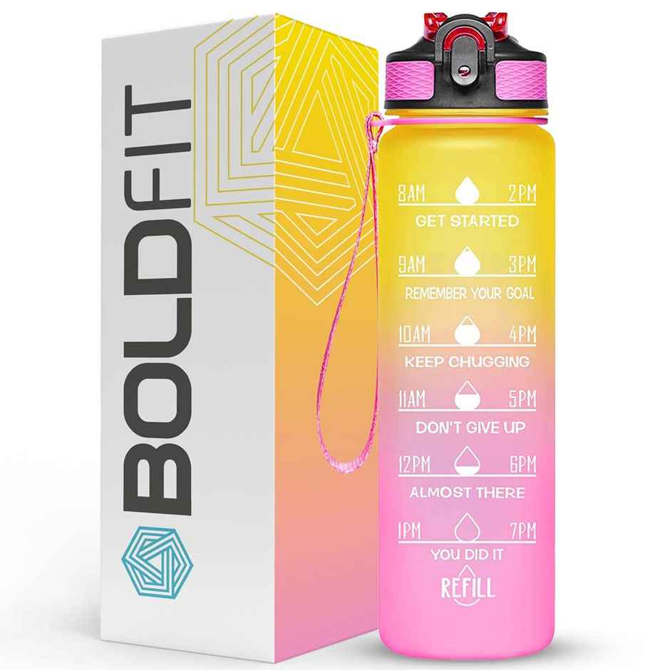 Boldfit Water Bottle With Motivational Time Markers 1 Litre | Ombre Yellow Pink