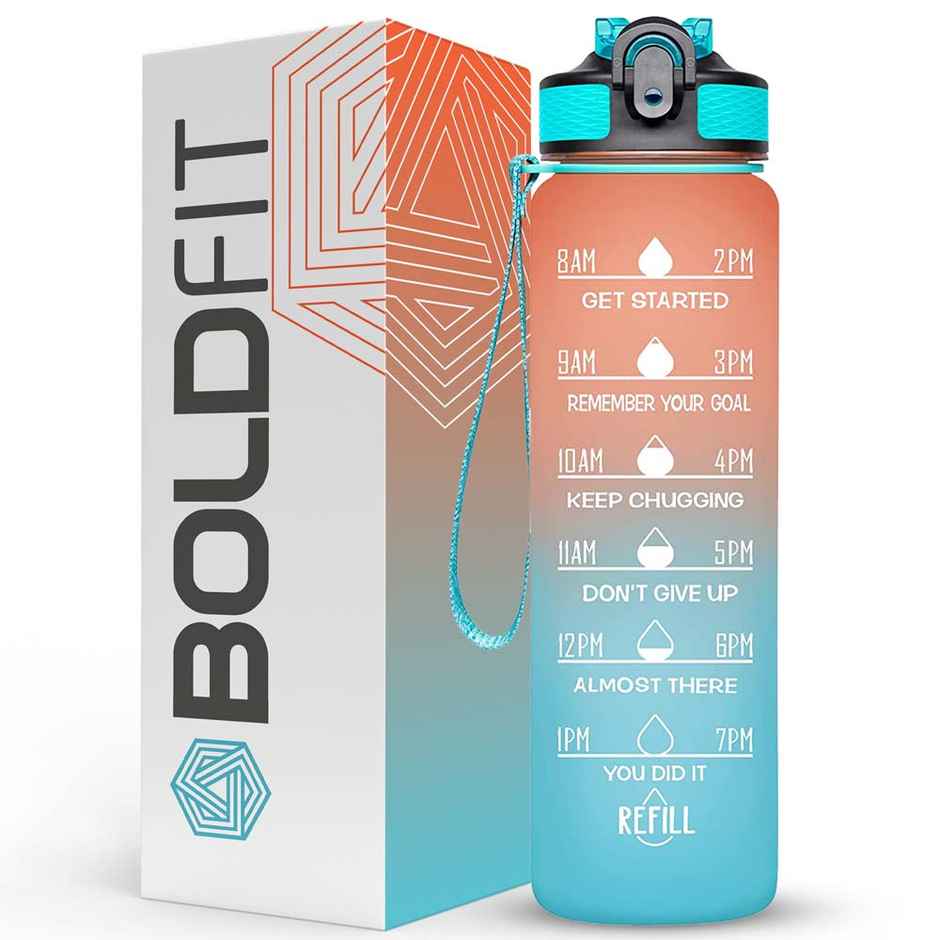 Boldfit Plastic Water Bottle with Motivational Time Markers | Ombre Orange Green | 1 L