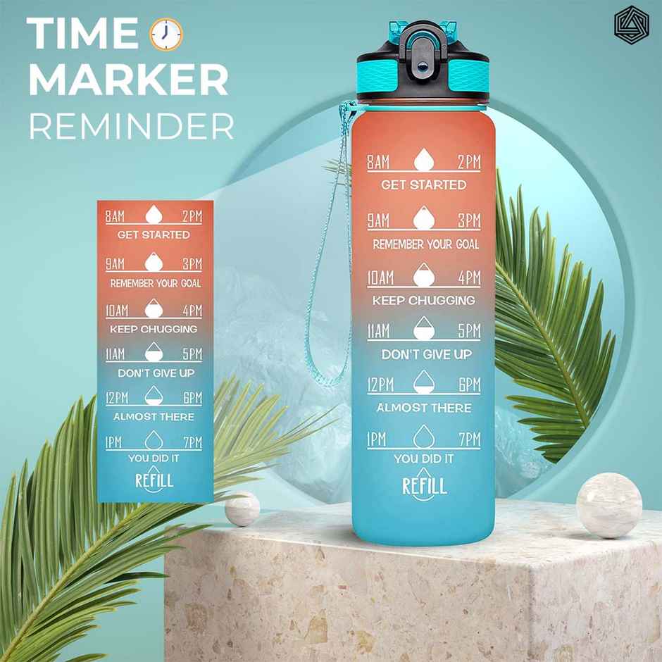Boldfit Plastic Water Bottle with Motivational Time Markers | Ombre Orange Green | 1 L
