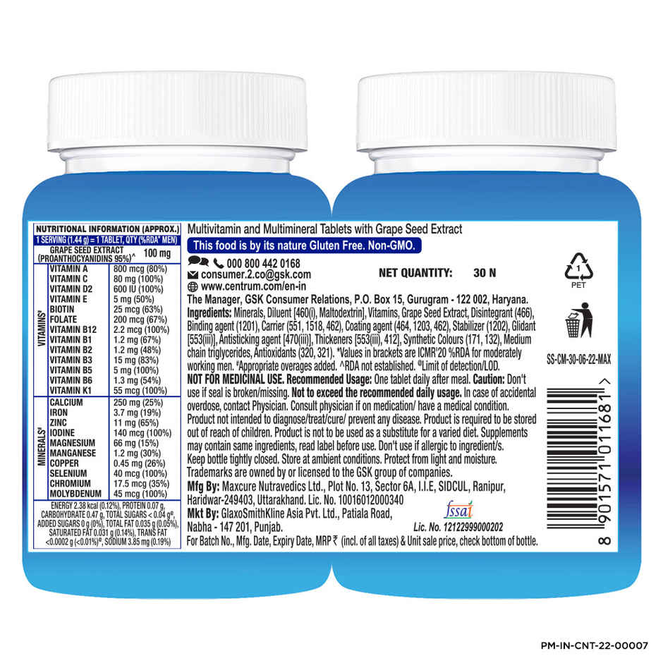 Centrum Multivitamin for Men, 23 Vitamins & Minerals (Energy, Immunity, Muscle Health) - 30 Veg Tabs