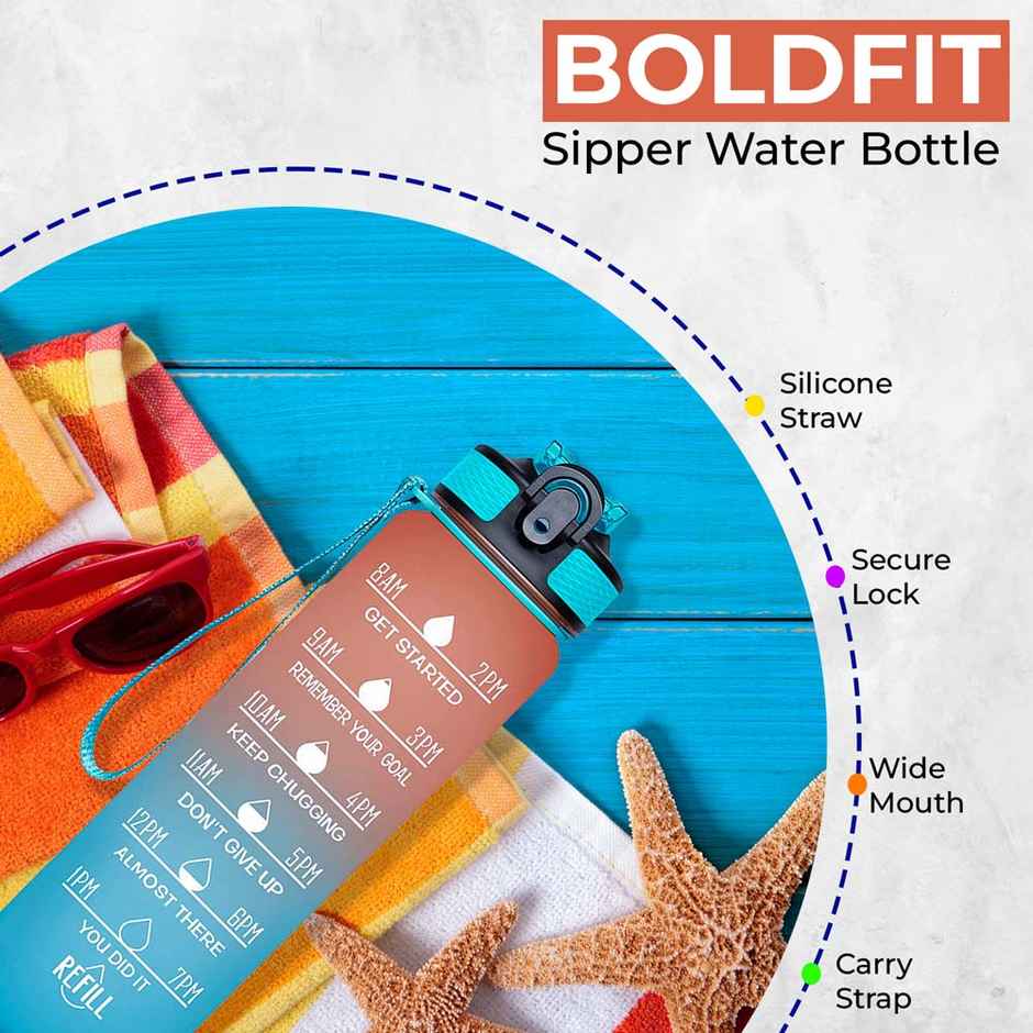 Boldfit Plastic Water Bottle with Motivational Time Markers | Ombre Orange Green | 1 L