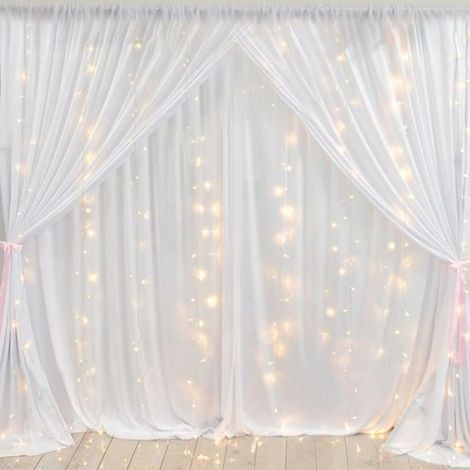 Festive/ Party Decoration Combo (2 Pcs White Net Curtains, 2 Pcs Led Fairy Lights, 1 Pc Ribbon)