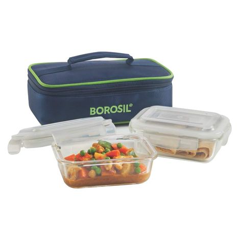 Borosil Klip n Store Lunchbox with Bag, Borosilicate Glass 2 pc Rectangular (370 ml Each)