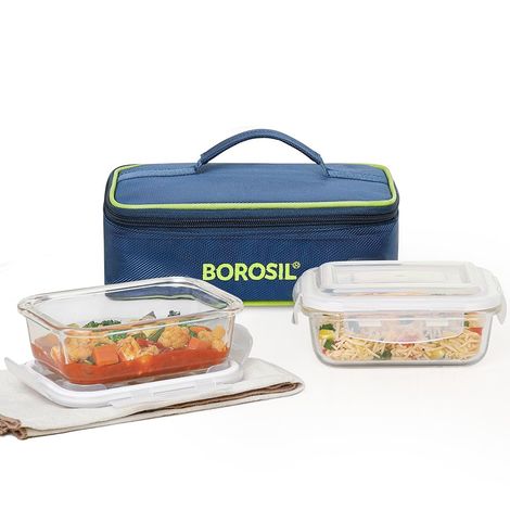 Borosil Klip n Store Lunchbox with Bag, Borosilicate Glass 2 pc Rectangular (370 ml Each)