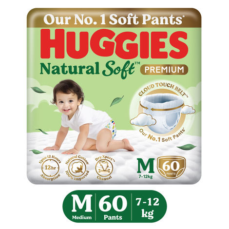 Huggies Natural Soft Premium Baby Diapers | Pant Style | M | 60 pcs