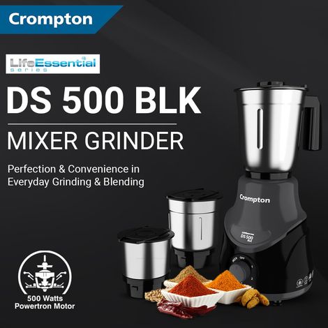 Crompton DS 500 BLK 500-Watt Mixer Grinder with Powertron Motor & Motor Vent-X Technology (3 Stainless Steel Jars)Black & Grey