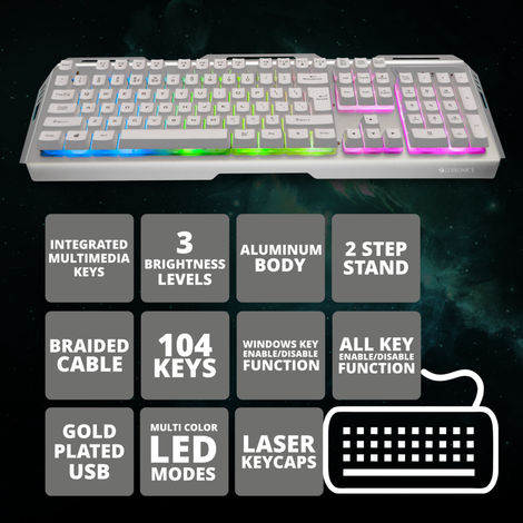 ZEBRONICS Transformer USB Gaming Keyboard & Mouse Combo,Braided Cable,Durable Al Body,Multimedia Keys & Gaming Mouse with 6 Buttons,Multi-Color LED Lights,High-Resolution Sensor with 3200 DPI - White