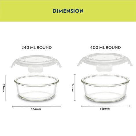 Borosil Alfa Lunchbox | 4 Pcs Glass Set | 240 ml x 2 + 400 ml x 2