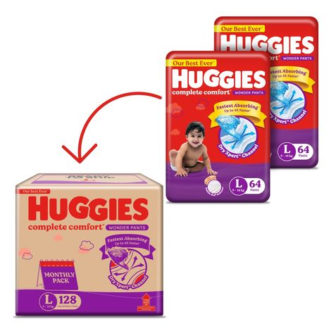 Huggies Complete Comfort Wonder Baby Diapers | Pant Style | L | 128 pcs