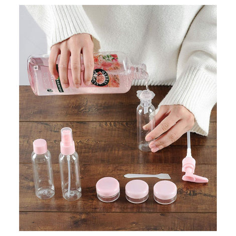 Plastic Multipurpose Cosmetic Travel Pouch Kit with 3 Empty Refillable Bottles and 3 Jars