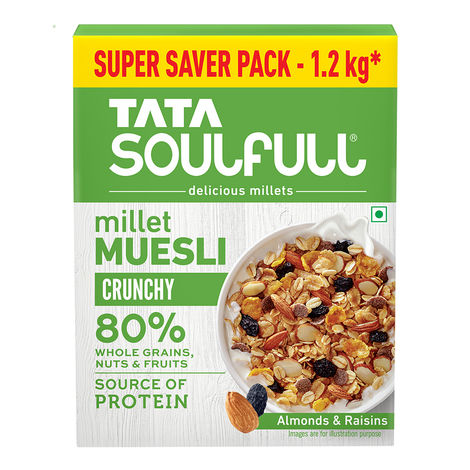 Tata Soulfull Millet Muesli, Crunchy, with Almonds & Raisins, Breakfast Cereal