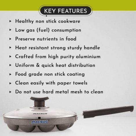Magnus Heavy Base Non-Stick Appam Maker With Glass Black With Lid Gas Stove Compatible
