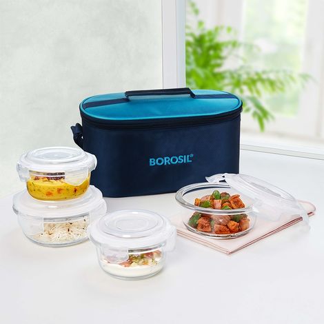 Borosil Alfa Lunchbox | 4 Pcs Glass Set | 240 ml x 2 + 400 ml x 2
