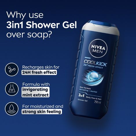 Nivea Men Cool Kick with Refreshing Icy Menthol Shower Gel for Body Face & Hair