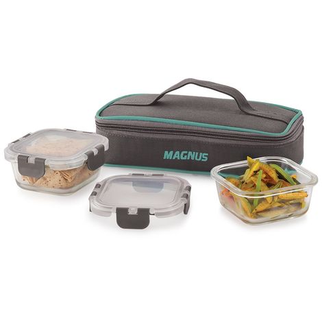 Magnus Glock Solid Glass Lunch Box | Flat Pouch & 2 Square Microwave Safe Containers | 320ml Each