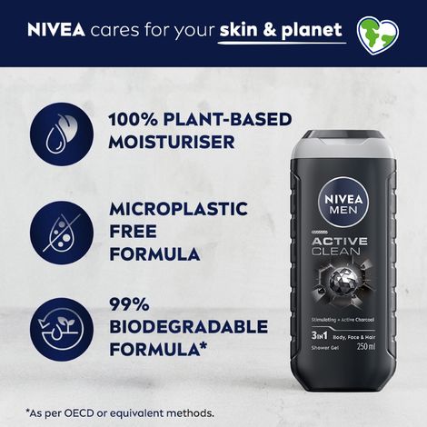 Nivea Men Active Clean with Active Charcoal Shower Gel for Body Face & Hair