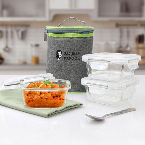 Sanjeev Kapoor Boston Square Lunch Box 3 x 400 Ml - Set Of 3 Pcs With Bag
