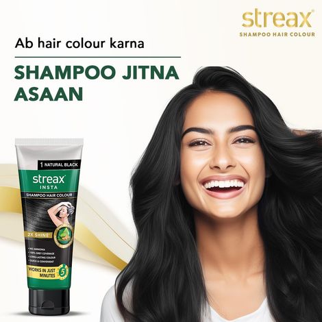 Streax Insta Shampoo Hair Colour - Natural Black, Easy Diy- Squeeze Pack