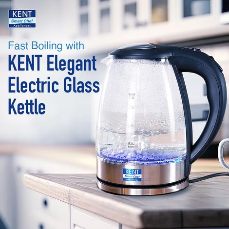 Kent Elegant Electric Glass Kettle 16052 1.8L Stainless Steel Heating Plate Borosilicate Glass Body