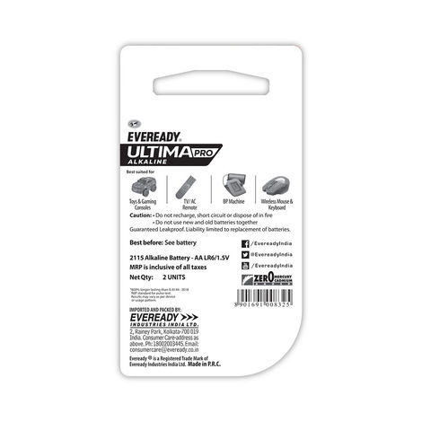Eveready Ultima Pro Alkaline AA Battery | 800% Longer Lasting|Pack of 2