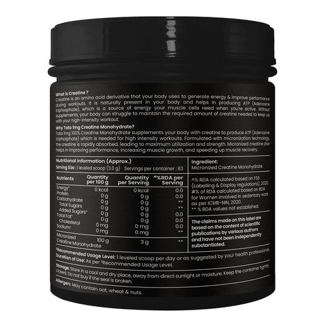 Tata 1mg Creatine Monohydrate Powder, Micronized, Unflavored (83 Servings) | Boosts Strength