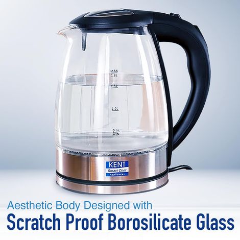 Kent Elegant Electric Glass Kettle 16052 1.8L Stainless Steel Heating Plate Borosilicate Glass Body