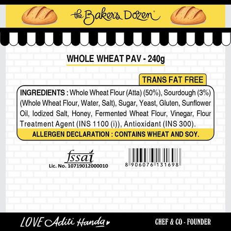 The Baker's Dozen Zero Maida Pav No Palm Oil No Preservative 100% Wholewheat