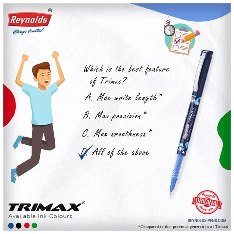 Reynolds Trimax Roller Ball Pen Set (5 Pens - 3 Blue Pens; 1 Black Pen; 1 Red Pen )