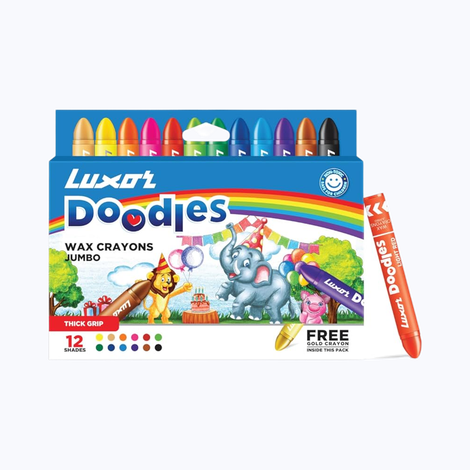 Luxor Doodles Jumbo Wax Crayons| 12 Assorted Shades| 1 Free Gold Crayon | Best For Young Artists