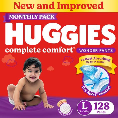 Huggies Complete Comfort Wonder Baby Diapers | Pant Style | L | 128 pcs