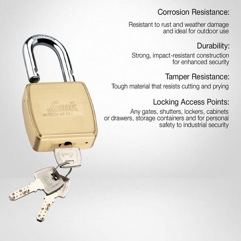 Link Brass Double Lock HT-60mm Padlock with Hardened Shackle & 3 Hi-Tech Keys