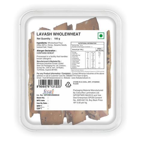 The Baker's Dozen Zero Maida Lavash Baked Snack No Palm Oil No preservatives 100% Wholewheat