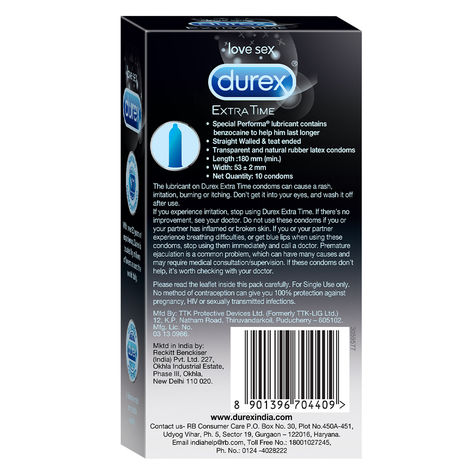 Durex Extra Time Condoms(10pc)+ Strawberry Lubricant  (50ml) Combo