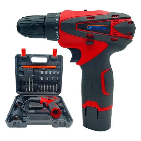 Cheston Cordless 12V Drill Kit with 24 pcs Red & Black - Reversible and Variable Speeds