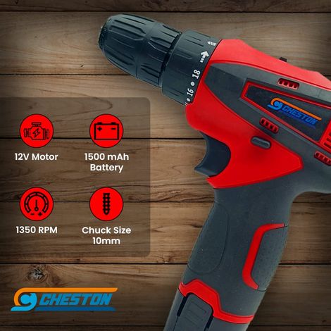 Cheston Cordless 12V Drill Kit with 24 pcs Red & Black - Reversible and Variable Speeds