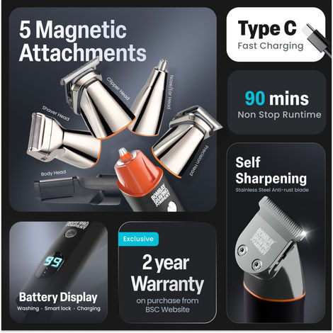 Bombay Shaving Company Full Body Trimmer | 5-in-1 Magnetic Attachments | LED Screen | Multi Length Settings Combs