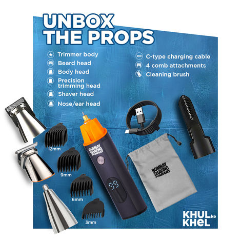 Bombay Shaving Company Full Body Trimmer | 5-in-1 Magnetic Attachments | LED Screen | Multi Length Settings Combs