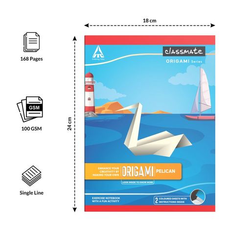 Classmate Single Line Origami Notebook (24 X 18 Cm, Assorted, 168 Pages)