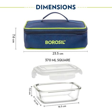 Borosil Klip n Store Lunchbox with Bag, Borosilicate Glass 2 pc Rectangular (370 ml Each)