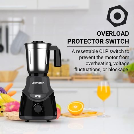Crompton DS 500 BLK 500-Watt Mixer Grinder with Powertron Motor & Motor Vent-X Technology (3 Stainless Steel Jars)Black & Grey