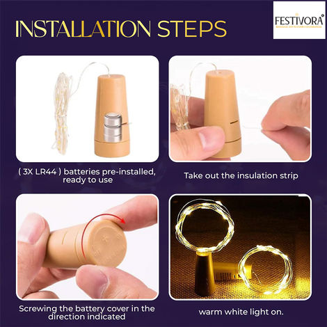 Festivora Pack of 2 Bottle Cork LED Lights - Warm White, Battery Operated Lights for Decoration