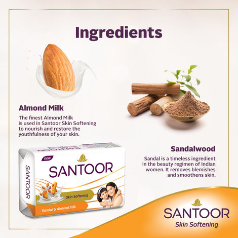 Santoor Skin Softening Sandal and Almond Milk Bathing Soap With Anti-Aging Properties