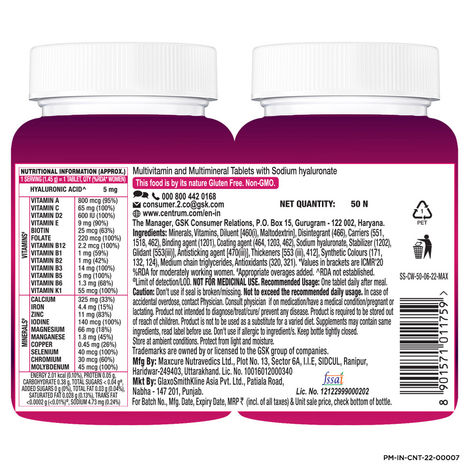 Centrum Women Multivitamins - Vit. B, C, D & more for Energy, Immunity & Radiance (50 Veg Tablets)