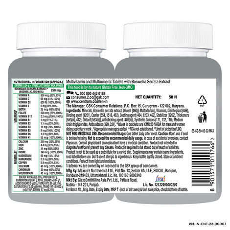 Centrum Adults Multivitamins - Vit. B, D, C & more for Energy, Mobility & Immunity (50 Veg Tablets)