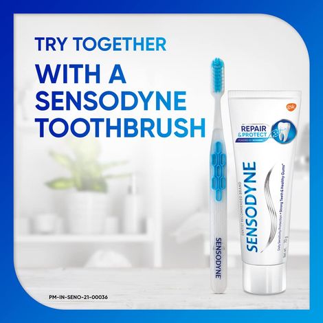 Sensodyne Toothpaste Repair & Protect, Tooth Paste For Deep Repair Of Sensitive Teeth (100g) & Sensodyne Sensitive Toothbrush With Soft Round Bristles - Assorted (1pc) Combo